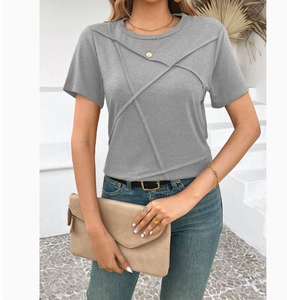T-shirt pour femme à manches courtes, col rond, couleur unie, en coton tricoté, décontracté, printemps-été, coupe ajustée, design asymétrique - Product Image 3