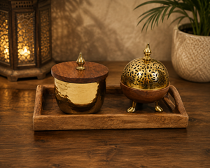 Ensemble brûleur à bakhoor en laiton et bois avec plateau, pot de rangement pour oud martelé de luxe, mabkhara finition dorée pour la décoration intérieure arabe - Product Image 3