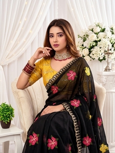 AARA Fashion Black Floral Embroidered Silk <b>Saree</b> <b>Yellow</b> Blouse for Women Traditional Wedding Wear India Pakistan Style Sun - Product Image 5