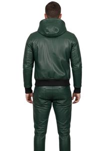 Men's Green Hooded Leather Moto <b>Jacket</b> with Snap Pockets and Zip Closure Regular Fit Winter Style - Product Image 4