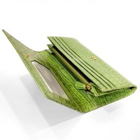 Dompet Panjang Wanita Castello dengan Motif Kulit Sapi Embos Cetak Croco, Penutup Hasp, Kantong Ber-resleting, Lapisan Poliester, Hijau Cokelat