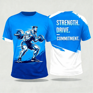 Camiseta de Poliéster de Manga Corta Ajustada para Hombre, Diseño Sublimado Azul y Blanco con Estampado 'Strength Drive Commitment' - Product Image 1