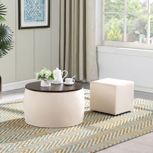 2-in-1 Round Ottoman Set <b>with</b> Storage Square Foot Rest Coffee <b>Table</b> for Living Room Bedroom Stylish <b>Stools</b> & Ottomans - Product Image 1