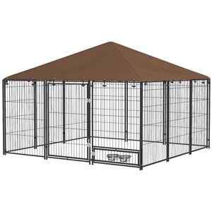 Recinto per cani da esterno nero con tettoia 6.9 x 4.6 x 5, box per cuccioli, recinzione da giardino, cuccia con ciotola girevole, gabbia per animali domestici nera - Product Image 1