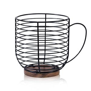 Canasta para Frutas en Forma de Taza de Metal Negro con Base y Asa de Madera Natural, Organizador Decorativo para la Encimera de la Cocina - Product Image 1