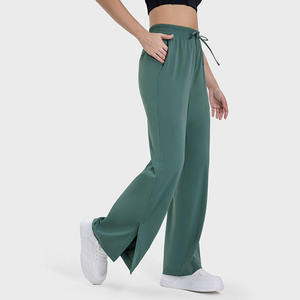 Pantalon large pour femme, couleur unie, tricoté en spandex et polyester, taille à cordon, coupe ample, décontracté, longueur complète, vert - Product Image 5