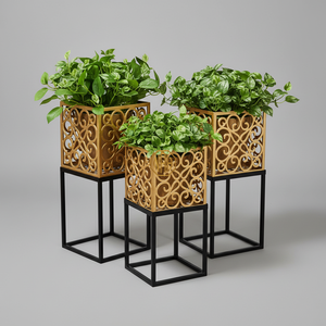 Modern Gold Plated Metal Planters with Black Stand Square Design for Indoor Green <b>Plants</b> Decor - Product Image 1