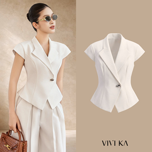 Chaleco Elegante Blanco para Mujer con Solapa Entallada, Manga Casquillo, Lazos en la Espalda y Peplum, Traje de Oficina de Negocios en Tela de Estambre - Product Image 1