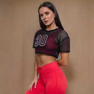 Camiseta Corta de Yoga y Fitness para Mujer, con Malla, Estilo Moderno, Apliques Bordados, Transpirable, Talla Grande - Product Image 3