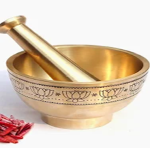 Traditional heavy brass spice <b>grinder</b> set with rimmed bowl and sturdy handle, available at wholesale prices. - Product Image 4