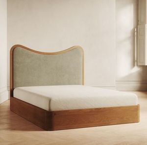 Elegant Solid Teak Wood <b>Bed</b> <b>Frame</b> with Upholstered Wave Headboard and Modern Organic Bedroom Furniture - Product Image 2