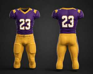 Uniforme de football américain personnalisé, maillot sublimé violet et jaune et pantalon rembourré, vêtements de sport pour équipe professionnelle, kit de match respirant - Product Image 1