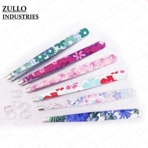 Custom Floral Print Stainless Steel Slant Tip Eyebrow Tweezers Set Paper Coated Precision Beauty Grooming <b>Tool</b> OEM - Product Image 3