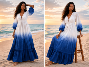 Artisan Crafted Bohemian Simple Premium V Neck <b>Balloon</b> Sleeve Floor-Length Eco-Friendly Breathable Cotton Women's Sundress - Product Image 6