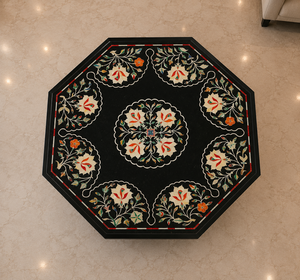Table basse Art Déco en marbre noir fait main avec incrustations de pierres semi-précieuses pour mobilier de salon de luxe, occasions de Diwali et de séparations - Product Image 4