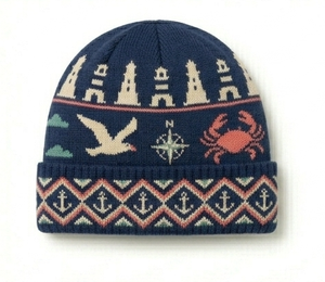Bonnet tricoté unisexe avec motif phare, crabe et ancre, bleu marine, casquette d'hiver pour adultes, circonférence de la tête 56-58 cm - Product Image 1