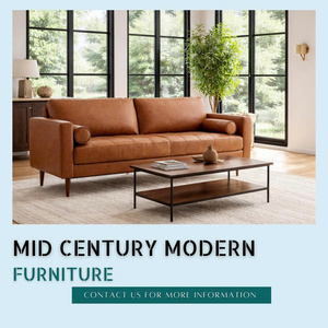 Mid Century Modern Leather <b>Sofa</b> Set 2 Seater and Armchair Tan <b>Brown</b> Genuine Leather Couch Living Room Furniture OEM Supplier - Product Image 3