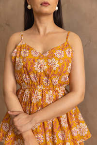 Mustard Floral Print <b>Spaghetti</b> <b>Strap</b> Cotton <b>Midi</b> <b>Dress</b> For Women Featuring Lightweight Fabric Modern Style Comfortable Fit - Product Image 3