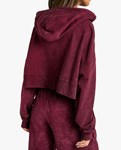 Sudadera con Capucha Extra Grande para Mujer, Tendencia en Moda, Color Sólido Borgoña, Tejido de Algodón, Corte Asimétrico, Estilo Corto, para Otoño - Product Image 2