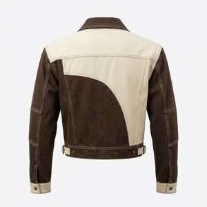 Veste utilitaire en toile denim délavée marron pour homme, style camionneur, avec patchwork contrastant personnalisé, vintage, décontractée, streetwear - Product Image 2