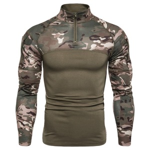 Chemise tactique de sport pour homme, confortable, en coton et polyester, à manches longues, avec fermeture éclair 1/4, pour la randonnée en extérieur, motif camouflage - Product Image 1
