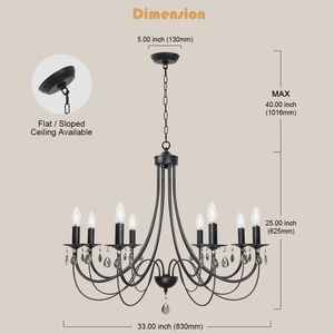 Lampadario a 8 Luci in Cristallo Nero e Nichel Spazzolato, Stile Rustico Francese, per Sala da Pranzo, Illuminazione a Soffitto - Product Image 6