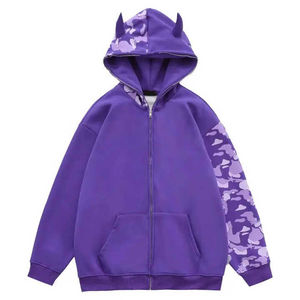 Sudadera con capucha y cremallera de cuernos de diablo extragrande personalizada, unisex, estilo urbano, de forro polar, con estampado gráfico, informal, para invierno. - Product Image 3