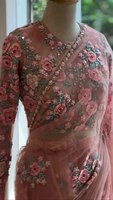 Kain Sutra Georgette Lembut Tebal Klasik Trendi Berwarna Merah Muda Terang, Bordir, Panjang, Ukuran Sesuai Pesanan, Saree Pesta Desainer