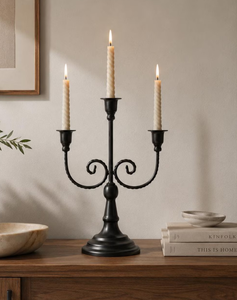 Vintage Matte <b>Black</b> Wrought Iron 3-Arm <b>Candelabra</b> Taper Candle Holder Centerpiece for Wedding Dining Table Home Decor - Product Image 1