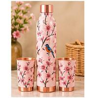 Ensemble de bouteille d'eau et de tasse en cuivre à motif floral avec design d'oiseau pour les voyages et l'extérieur
