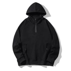 Sudadera con capucha negra de media cremallera para hombre, nueva tendencia 2026, manga raglán, color liso, algodón French Terry, ajuste casual, para otoño - Product Image 1