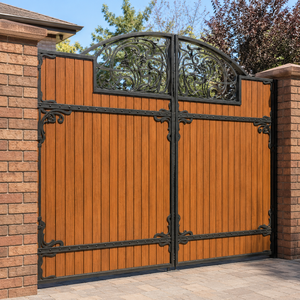 Puerta de Entrada Principal Decorativa de Hierro Forjado y Madera con Arco para Seguridad del Límite de la Propiedad de una Villa - Product Image 1