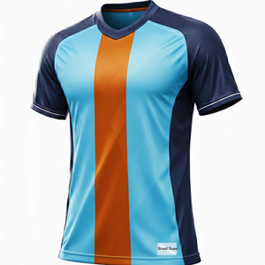 Maillot de football personnalisé à col en V avec nom d'équipe, bleu marine/bleu ciel avec bande jaune moutarde, professionnel, respirant, séchage rapide, unisexe - Product Image 2