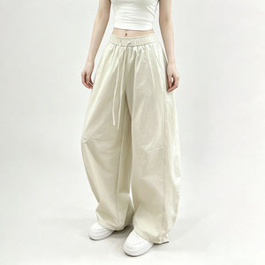 <b>Light</b> Blue Wide Leg Pants Women High Waist Drawstring Loose Fit Cotton Solid Color Casual Full Length <b>Trousers</b> - Product Image 4