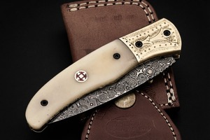 Couteau pliant artisanal PERKIN STEEL INDUSTRIES en acier Damas pour la chasse, avec étui en cuir OEM, pour le camping et la survie - Product Image 4