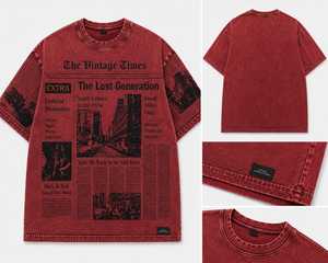 Men’s Vintage Washed T-<b>Shirt</b> with Newspaper Print Oversized Streetwear Tee Custom Graphic Cotton Top with <b>Leather</b> Hem Label - Product Image 5