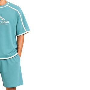 Aqua Blue Mens Oversized T Shirt And Shorts <b>Set</b> White Contrast Piping Customized Logo Crew Neck Casual Streetwear Wholesale - Product Image 4