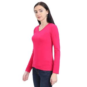 เสื้อยืดแขนยาวคอวีสีชมพูสำหรับผู้หญิง ผ้าฝ้ายถัก 100% สวมใส่สบาย สีพื้น ระบายอากาศได้ดี ทรงเข้ารูป ใส่ได้ทุกฤดู - Product Image 1