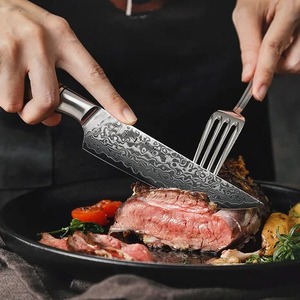 Ensemble de 6 couteaux à steak haut de gamme en acier Damas écologique avec manche en bois de sycomore figuré pour restaurants et usage domestique - Product Image 4