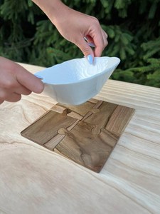 Wood Puzzle <b>Coaster</b> Set With White <b>Ceramic</b> Bowls Irregular Shape Modern Design Non-Slip Mats For Table Decoration - Product Image 4