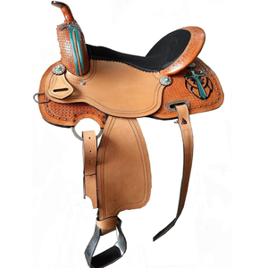 Selle de cheval en cuir de style western avec arceau en bois et quincaillerie en laiton pour l'équitation sur sentier - Product Image 2