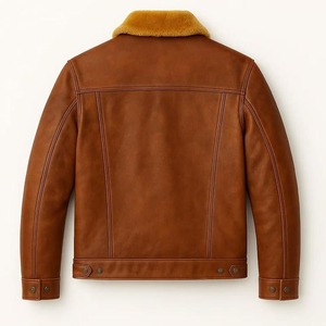 High Demand Men's Brown <b>Genuine</b> Leather Jacket With Faux Fur Lining Turn-down Collar Moto Biker Style Windproof Winter Wear - Product Image 2