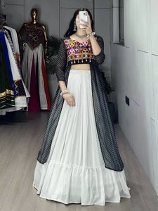 Women's White Rayon Cotton Lehenga with Leheriya Printed Georgette Kurti <b>Mirror</b> Gamthi Gota Patti Ethnic Set - Product Image 1