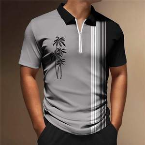 Polo à manches courtes pour homme, imprimé palmiers blancs et rouges, coupe classique, décontracté, tricoté, respirant, avec logo frontal et fermeture éclair - Product Image 5
