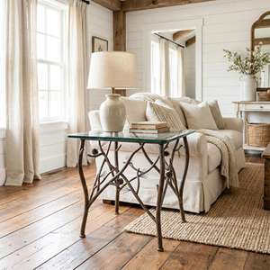 Mesa Auxiliar de Hierro Forjado a Mano con Tapa de Cristal Transparente, Diseño Rústico de Ramas, Mueble Decorativo para Sala de Estar, Decoración para Casa o Cabaña - Product Image 1