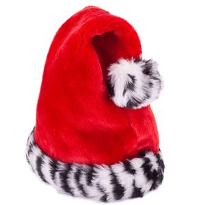 Chapeau de Père Noël en fausse fourrure rouge avec bordure zèbre noir et blanc, pompon, logo personnalisé, bonnets de Noël en gros pour les entreprises - Product Image 1