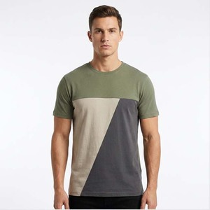 T-shirt à manches courtes pour homme à prix bas, à blocs de couleur géométriques, col rond, coupe régulière, style décontracté en tricot - Product Image 2