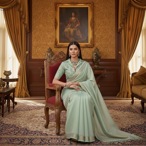 Sari de Tela Zari Tejido a Mano de Primera Calidad con Blusa de Brocado Pesado |   Colección Étnica de Ropa de Fiesta de Diseño Elegante a Precio de Mayoreo - Product Image 4