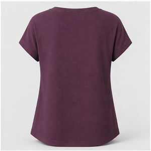 Camiseta de manga corta con cuello redondo y diseño cruzado relajado para mujer, color ciruela, WTS-0143 - Product Image 2