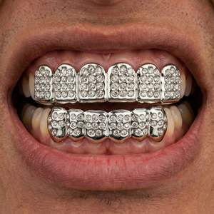 Grillz dentaire Hip Hop en argent plaqué or 18K, avec micro-incrustations de moissanite taille brillant, ensemble complet pour dents supérieures et inférieures, unisexe - Product Image 1